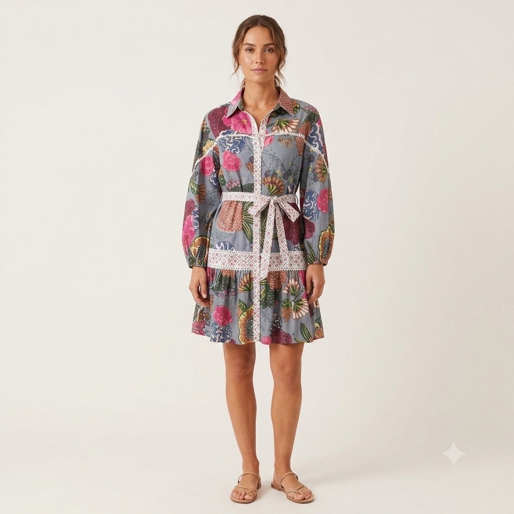 The Maddie Multi Block Print Floral Cotton Mini Long Sleeve Shirt Dress Large